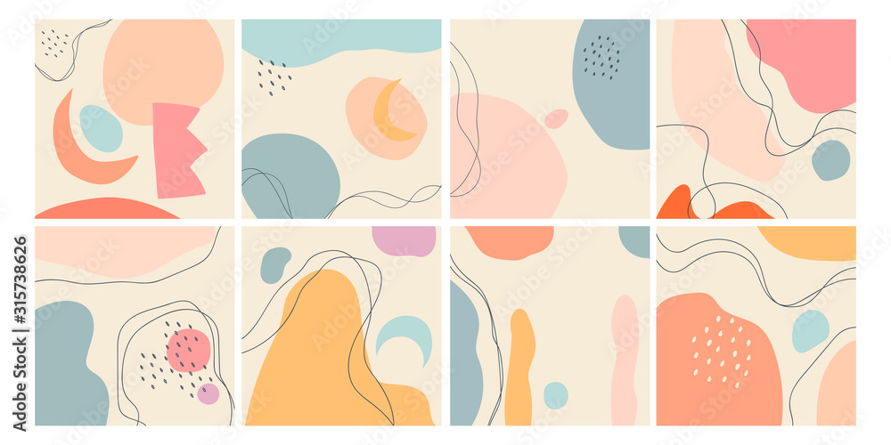 Set of eight abstract backgrounds. Hand drawn various shapes and doodle objects. Contemporary modern trendy vector illustrations. Every background is isolated. Pastel colors - obrazy, fototapety, plakaty 
