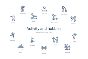 activity and hobbies concept 14 colorful outline icons. 2 color blue stroke icons