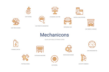 mechanicons concept 14 colorful outline icons. 2 color blue stroke icons