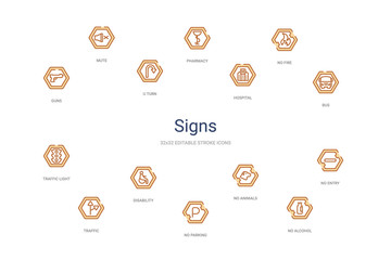 signs concept 14 colorful outline icons. 2 color blue stroke icons