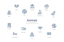 Animals Concept 14 Colorful Outline Icons. 2 Color Blue Stroke Icons