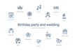 © zaurrahimov - birthday party and wedding concept 14 colorful outline icons. 2 color blue stroke icons
