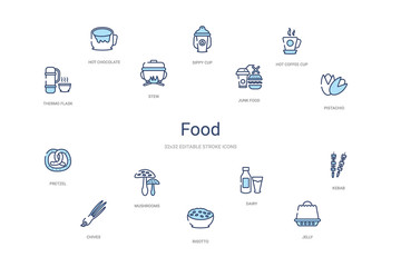 food concept 14 colorful outline icons. 2 color blue stroke icons