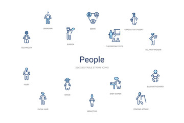 people concept 14 colorful outline icons. 2 color blue stroke icons