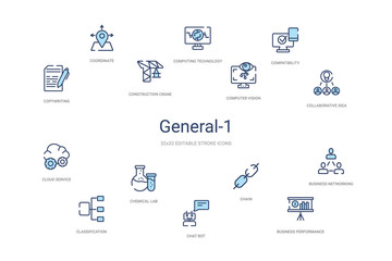 general-1 concept 14 colorful outline icons. 2 color blue stroke icons