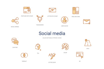 social media concept 14 colorful outline icons. 2 color blue stroke icons