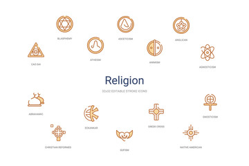 religion concept 14 colorful outline icons. 2 color blue stroke icons