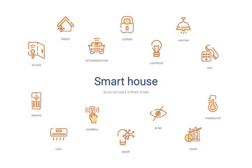 smart house concept 14 colorful outline icons. 2 color blue stroke icons