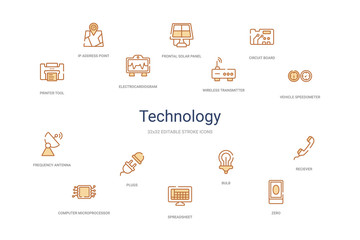 technology concept 14 colorful outline icons. 2 color blue stroke icons