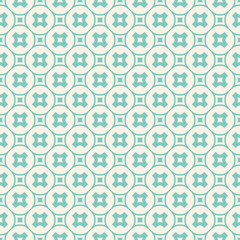 Turquoise geometric seamless pattern. Vector abstract texture with crosses in circular grid, small squares, simple shapes. Funky background in pastel colors, green aqua and beige. Repeatable design