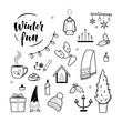 © Elena Iakovleva - Big set of hygge lifestyle cozy elements. Winter fun. Winter elements for greeting cards, posters, stickers and seasonal design. Isolated on white background. Christmas decorations