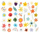 Fototapeta Na ścianę - Set of spring colorful flowers. Set of floral branch. Isolated on white for greeting cards, Easter, thanksgiving. Spring set, hand drawn elements.
