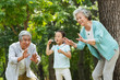 © View Stock - The elderly couple and granddaughter blowing bubbles