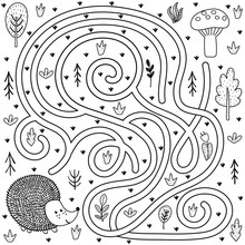 Black And White Maze Game For Kids. Help The Hedgehog Find The Way To The Mushroom