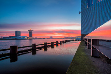 View over 'the IJ' lake near Amsterdam during the sunrise