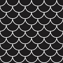 Fish, Mermaid, Dragon, Snake Scales. Tail Scale Seamless Pattern. Black And White Minimal Background. Kids Abstract Texture. Vector Illustration.