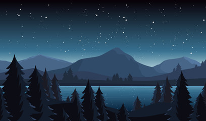 Night lake landscape flat vector illustration. Evening coniferous forest scenery with fir trees and hill peaks silhouettes on horizon. Mountain, river and starry sky scene cartoon background.