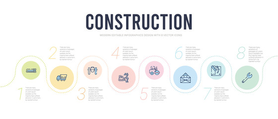 construction concept infographic design template. included spanner, construction plan, joist, steamroller, demolition, concrete icons