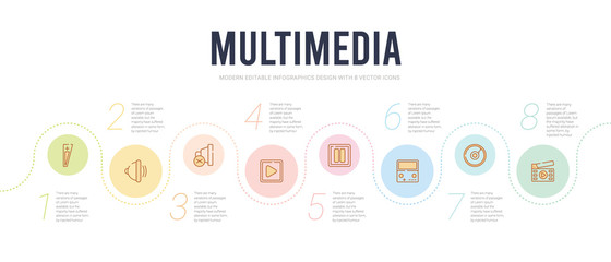 multimedia concept infographic design template. included movie clip button, broken disc, portable video game console, big pause button, square play button, speaker mute icons