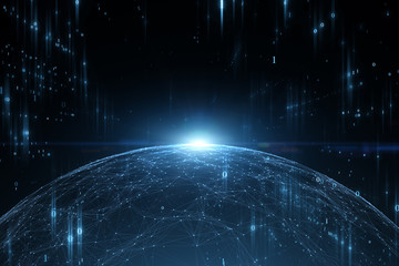 Wall Mural - artistic computer network binary numbers with 3d shining globe illustration background.