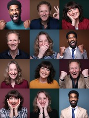 Group of happy people in front of a background