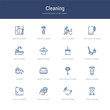 set of 16 vector stroke icons such as trash cleaning, faucet cleaning, soap cleaning, bleach cream toilet brush from concept. can be used for web, logo, ui\u002fux