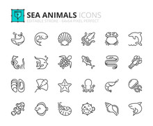 Simple Set Of Outline Icons About Sea Animals. Sea World.