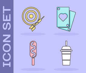 Sticker - Set Paper glass with drinking straw and water, Classic dart board and arrow, Corn dog and Playing card icon. Vector