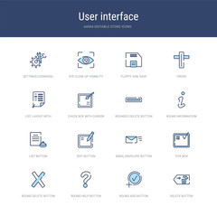 Naklejka na meble set of 16 vector stroke icons such as delete button, round add button, round help button, round delete tick box, email envelope from user interface concept. can be used for web, logo, ui\u002fux