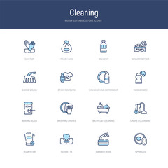 Wall Mural - set of 16 vector stroke icons such as sponges, garden hose, serviette, dumpster, carpet cleaning, bathtub cleaning from cleaning concept. can be used for web, logo, ui\u002fux