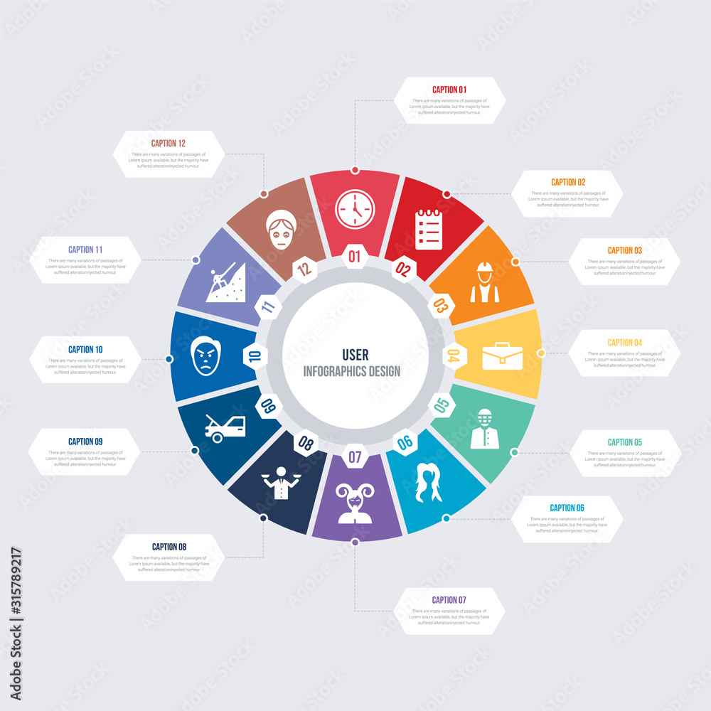 round 12 options user infographic template design. face treatments, extreme sports, anger, hood open, feasibility, satyr vector icons - obrazy, fototapety, plakaty 