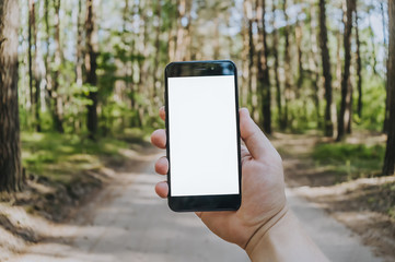 Mock up smartphone in the hands of a man in the forest, against a background of trees. Concept on the theme of travel outdoor recreation.