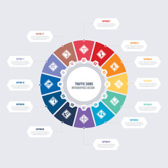 round 12 options traffic signs infographic template design. turn left, turn with advisory  speed, two ways, u turn, waiting, way road vector icons