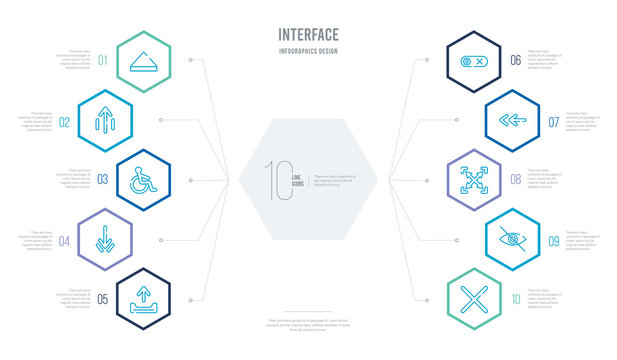 interface concept business infographic design with 10 hexagon options. outline icons such as x mark,