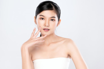 Portrait beautiful young asian woman clean fresh bare skin concept. Asian girl beauty face skincare and health wellness, Facial treatment, Perfect skin, Natural make up, on white background