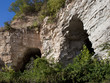 Two large cave openings in limestone bluff partially hidden by overgrown trees and weeds