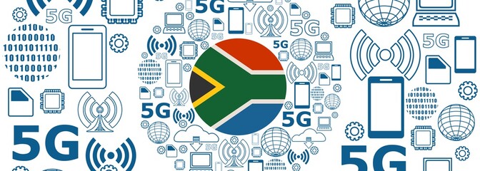 Wall Mural - Mobile gadgets technology relative vector image. Circle frame with technology thin line icons. 5G Network Symbol. Flag of the South Africa