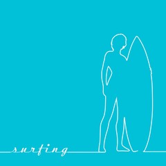 Wall Mural - woman posing with surfboard. vintage surfing graphic for web design. thin line style