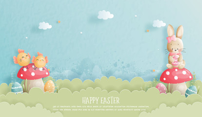 Easter card with cute bunny and chicken in paper cut style. Vector illustration