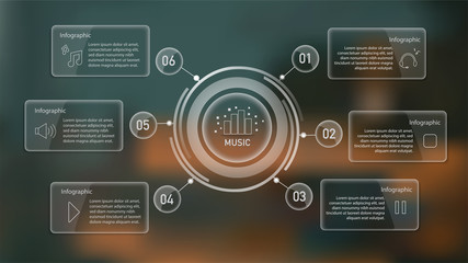 Infographic with mind map and text boxes on blurred unfocused background for business, education, technology and startup