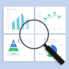 Research data analysis graph concept. predictive analyses to promote the strategic goals with magnifying glass and charts. vector illustration