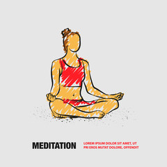 Wall Mural - Girl sitting pose of meditation and relaxation. Vector outline of woman practices yoga with scribble doodles style.