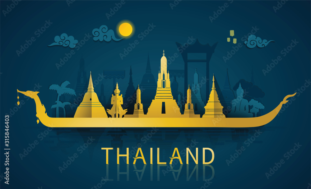 Thailand travel illustrator: famous landmarks and tourist attraction of Thailand with paper cut style - obrazy, fototapety, plakaty 