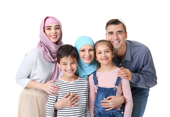 Wall Mural - Portrait of Muslim family on white background