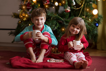 Two kids drinking cocoa near Christmas tree at home. Hygge. Happy family on Christmas holiday.