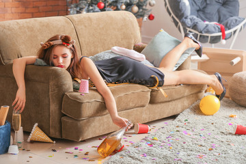 Sticker - Young woman sleeping after New Year party at home