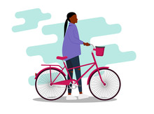 African-American Young Girl In Versatile Clothing With A Bicycle. Modern Design. Flat Editable Vector Illustration, Clip Art. Vector