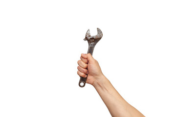 Wrench with hand on white background