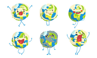 Sticker - Cute Earth Globe Cartoon Character Collection, Funny Planet with Various Emotions Vector Illustration