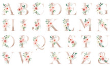 Letters Set, Gold Floral Alphabet With Watercolor Flowers Peach Roses And Leaf. Monogram Initials Perfectly For Wedding Invitation, Greeting Card, Logo, Poster. Holiday Decoration Hand Painting.